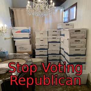 Stop Voting Republican over boxes of records stored in a bathroom at Mar-a-Lago, a photograph from the June 2023 federal indictment of Donald Trump