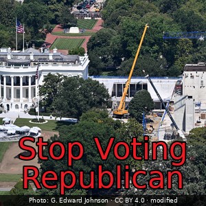 Stop Voting Republican over an aerial view of the White House on 9 September 2026, with the White House Ballroom under construction on the site of the demolished East Wing